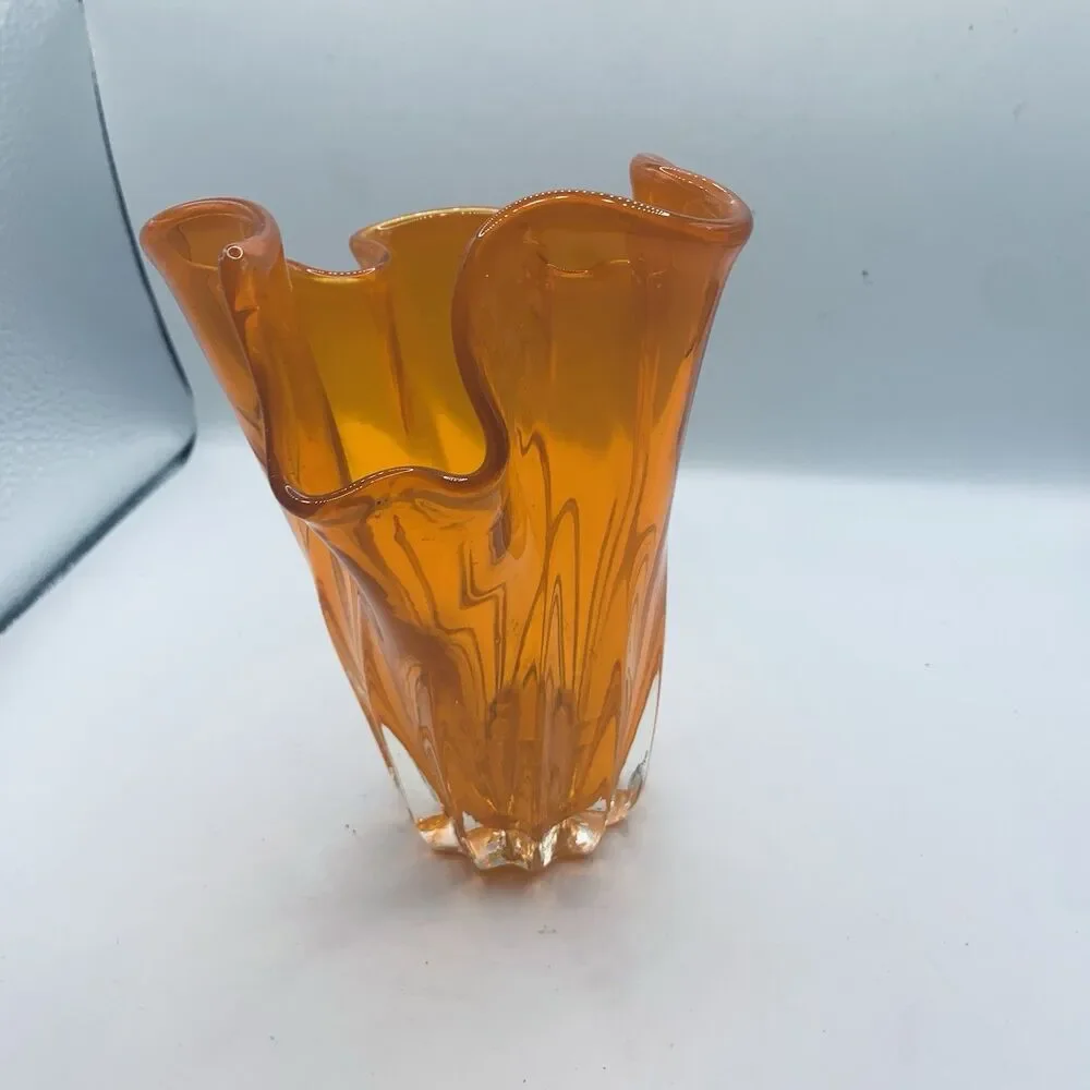 Ruffled Orange Handkerchief Top Blown  Glass Vase 7” Tall!